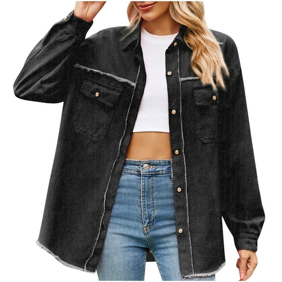 Ashirexll Jeans Jacket for Women Lapel Fall Long Sleeve Retro Short Denim Jackets Jean Coats Dark Gray M