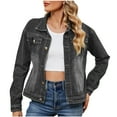 thumbnail image 1 of Ashirexll Jeans Jacket for Women Long Sleeve Fashion Solid Color Lapel Look Slimmer Versatile Denim Jacket Black L, 1 of 7