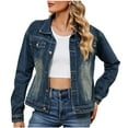 thumbnail image 1 of Ashirexll Jeans Jacket for Women Long Sleeve Fashion Solid Color Lapel Look Slimmer Versatile Denim Jacket Dark Blue XL, 1 of 8