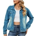 thumbnail image 1 of Ashirexll Jeans Jacket for Women Long Sleeve Fashion Solid Color Lapel Look Slimmer Versatile Denim Jacket Light Blue M, 1 of 7
