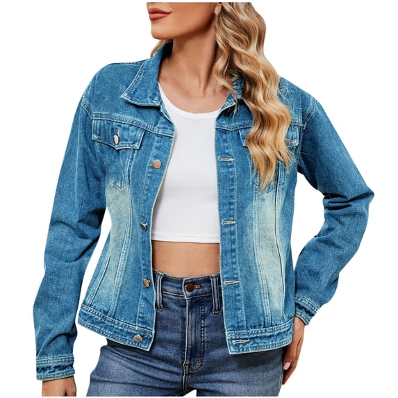 Ashirexll Jeans Jacket for Women Long Sleeve Fashion Solid Color Lapel Look Slimmer Versatile Denim Jacket Light Blue M