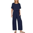 thumbnail image 1 of Ashirexll Jumpsuits for Women, New Summer Solid Color Casual Cotton Linen Jumpsuit with Pockets Short Sleeved Wide-Legged Pants Jumpsuit Pants Navy XXL, 1 of 8
