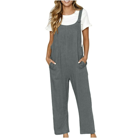 Ashirexll Jumpsuits for Women, Vacation Outfits for Women, Casual Loose Baggy Pocket Jumpsuit Fashion Playsuit Trousers Overalls Cotton and Linen Jumpsuit Dark Gray M