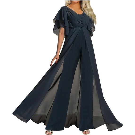 Ashirexll Jumpsuits for Women, Rompers for Women, Jumpsuit Pajamas Casual V Neck Comfortable Long Pants Navy M
