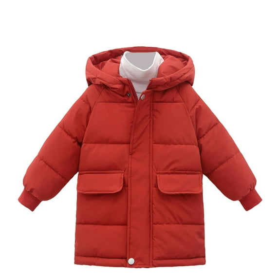 Ashirexll Kids Hooded Puffer Coat for 2-12 Years Solid Color Mid-Length Thickened Zipper Pocket Jacket for Winter