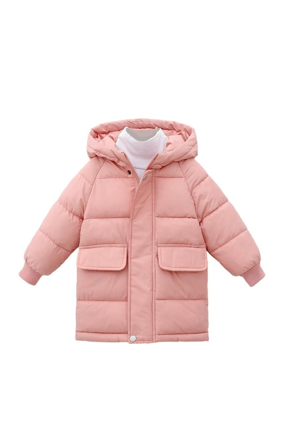 Kids Hooded Puffer Coat for 2-12 Years Solid Color Mid-Length Thickened Zipper Pocket Jacket for Winter