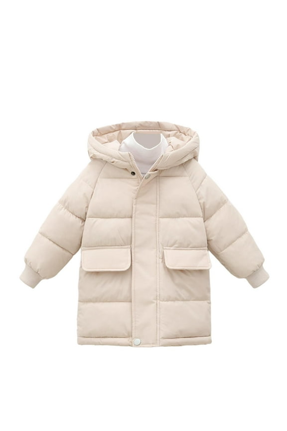 Kids Hooded Puffer Coat for 2-12 Years Solid Color Mid-Length Thickened Zipper Pocket Jacket for Winter