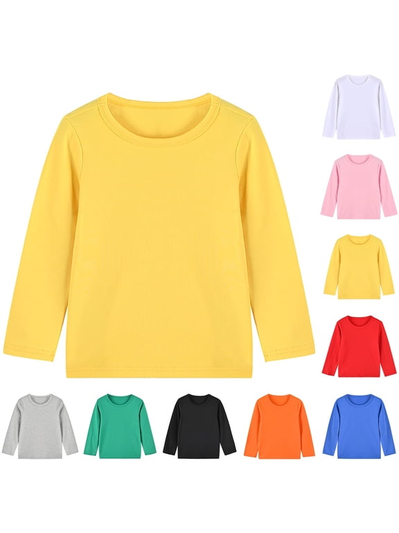 Kids Long Sleeve T Shirts Solid Color Round Neck Base Layer Comfortable Top for Boys and Girls All Day Wear