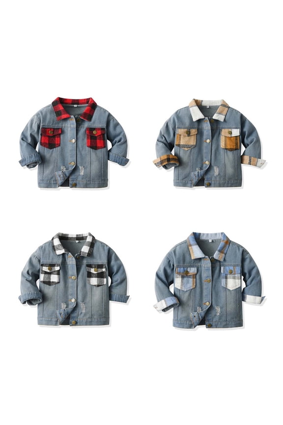 Kids Plaid Denim Jacket Fall Long Sleeve Mid-Length Fashion Coat for Boys and Girls