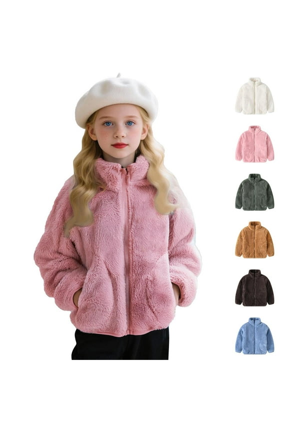 Kids Stand Collar Fleece Jacket Solid Color Zipper Pocket Long Sleeve Windproof Casual Fashion Coat