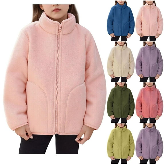 Ashirexll Kids Stand Collar Fleece Jacket for 1-15 Years Solid Color Long Sleeve Zipper Pocket Lined Warm Casual Outwear