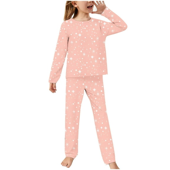 Ashirexll Kids Winter Pajamas Casual Star Sleepwear Set Long Sleeve Crew Neck Top with Pocket and Pants Two Piece Base Loungewear for 2-14 Years​