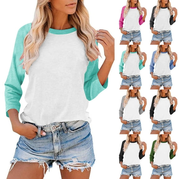 Ashirexll Ladies Tops and Blouses, Shirts for Women Trendy, Women's Fashion Casual Round Neck 3/4 Sleeve T Shirt Ladies Fall Tops