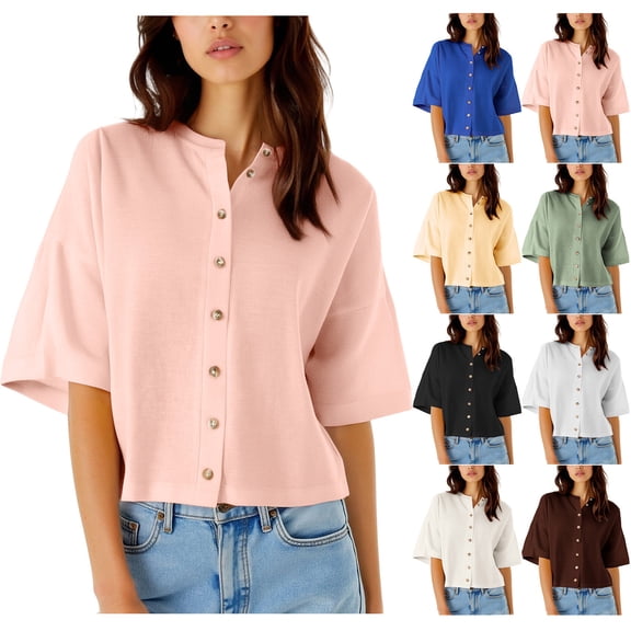 Ashirexll Ladies Tops and Blouses, Womens Casual Tops, Solid Color Linen Open Button Mid Length 3/4 Sleeve Round Neck Top Shirt for Casual Wear
