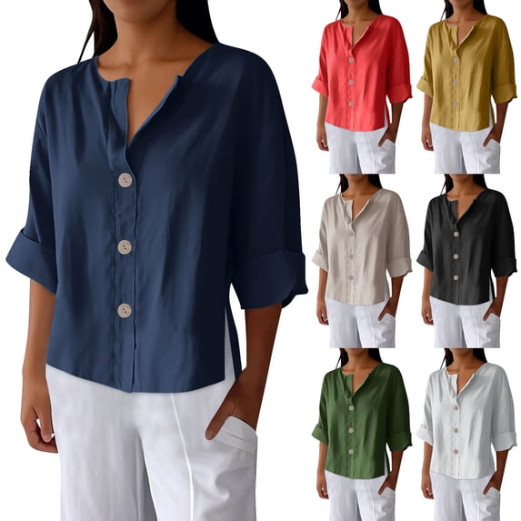 Ashirexll Ladies Tops and Blouses, Womens Casual Tops, Solid Color V Neck 3/4 Linen Loose Top with Decorative Buttons for Trendy Women