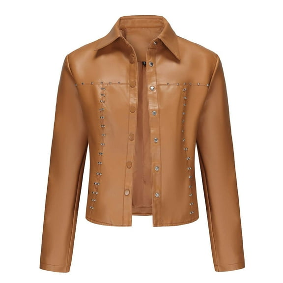 Ashirexll Leather Jacket Women Fall Oversized Short Thin Faux Leather Casual Jacket Fashion Motorcycle Bike Coat Brown M