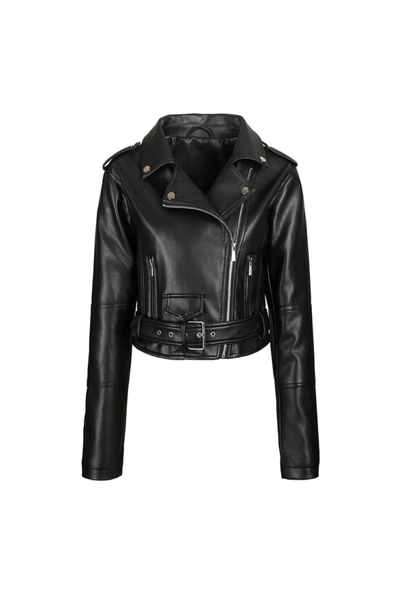 Leather Jacket Women Fall Winter Fashion Solid Color Lapel Long Sleeve Belted Faux Leather Moto Jacket Coat Black S