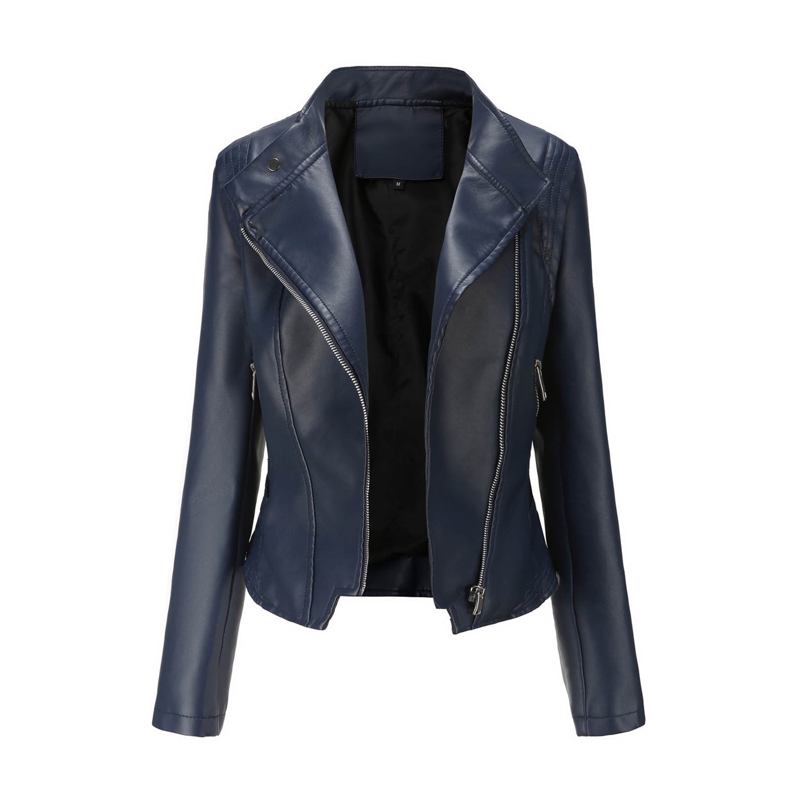 Ashirexll Leather Jacket Women Plus Size Solid Color Long Sleeve Zipper Classic Faux Leather Moto Lightweight Jacket Dark Blue XXL