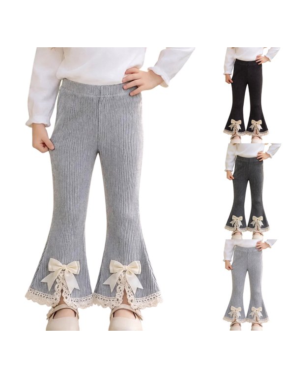 Leggings for Girls Kids Fashion Cute Sweet Stretch Knit Ribbed Cotton Bow Lace Flared Base Layer Long Trousers for 12 Months-11 Years