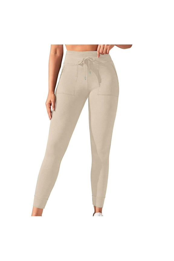 Leggings for Women, High Waist Solid Color Drawstring Waist Up Exercise Yoga Pants with Side Pockets Khaki M