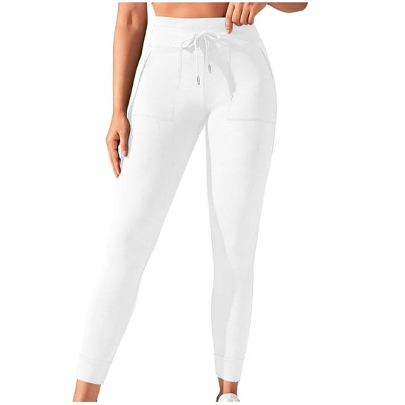 Ashirexll Leggings for Women, High Waist Solid Color Drawstring Waist Up Exercise Yoga Pants with Side Pockets White L