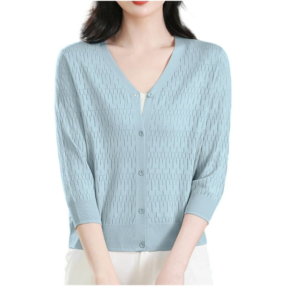 Ashirexll Lightweight Cardigans for Women, Womens Winter Coats, Women's Solid Color 3/4 Sleeve Knit Cardigan Mid-Length Jacket