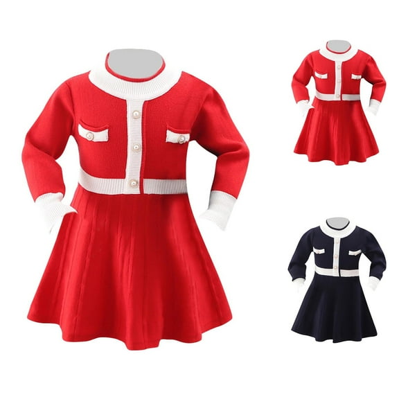 Ashirexll Little Girl Dresses, Girls Long Sleeve Dress, Fashion Little Children Long Sleeve Solid Color Round Neck Dress Warm Sweater Dress for Winter and Fall