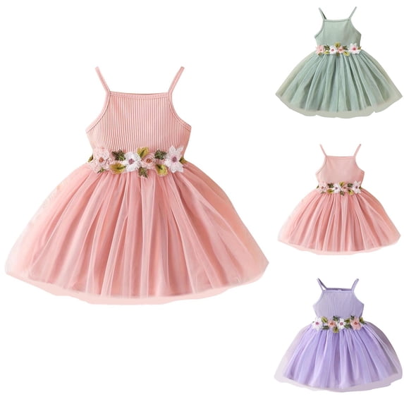 Ashirexll Little Girl Dresses, Girls Summer Dress, 1-6Y Casual Children Cute Flower Sleeveless Mesh Dress Summer Casual Slip Dress