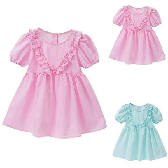 Ashirexll Little Girl Dresses, Girls Summer Dress, 2-6Y Fashion Children Short Sleeve Turndown Collar Dress Summer Casual Solid Color Dress