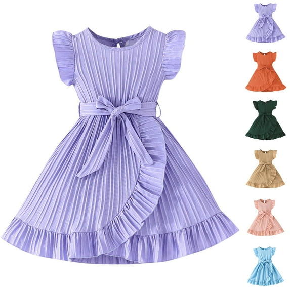 Ashirexll Little Girl Dresses, Girls Summer Dress, Fashion and Elegant Children Summer Ruffle Sleeve Round Neck A-Line Dress Princess Dresses