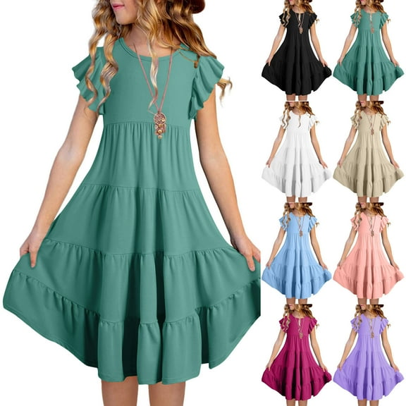 Ashirexll Little Girl Dresses Summer Dress Fashion Casual Short Sleeve Ruffled Pockets Round Neck Solid Dress