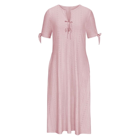 Ashirexll Long Dresses for Women, Flowy Dresses for Women, Fashion Casual Solid Color Short Sleeve Round Neck Pocket Dress