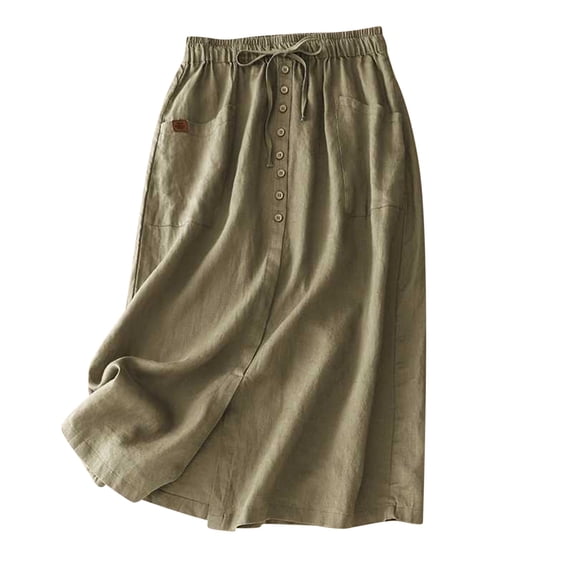 Ashirexll Long Flowy Skirts for Women, Casual Loose High Waisted Mid Length Pleated Split Button Pocket Skirt Green A XL