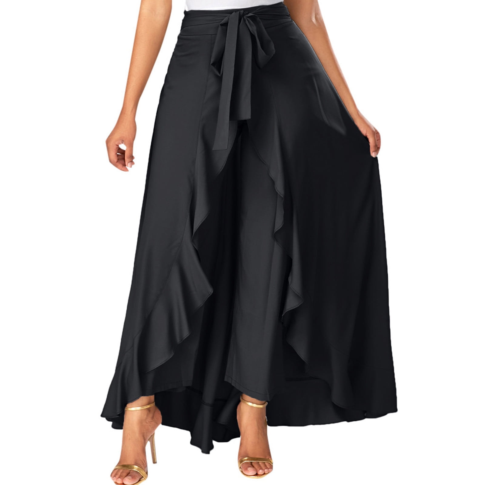 Ashirexll Long Flowy Skirts for Women Skirts with Shorts Underneath Casual Hakama Irregular Leaf Bow High Waist Long Culottes Skirt Black 3XL