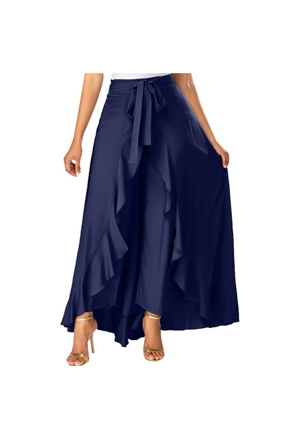 Long Flowy Skirts for Women, Skirts with Shorts Underneath, Casual Hakama Irregular Leaf Bow High Waist Long Culottes Skirt Navy L