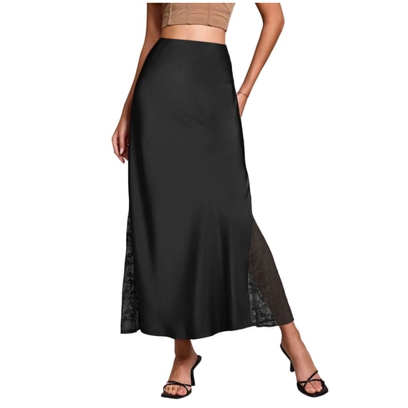 Ashirexll Long Skirts for Women High Waist Satin Midi Skirt Lace A-Line Flowy Casual Skirt Solid Color Loose Fashion
