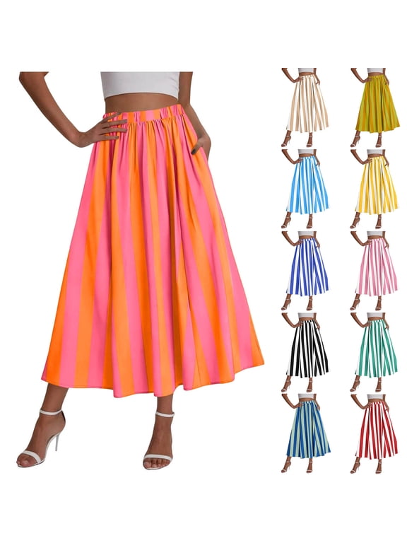 Long Skirts for Women Spring Summer Striped High Waisted Ankle Length Skirt A-Line Elastic Waist Flowing Skirt Beach Vacation Casual