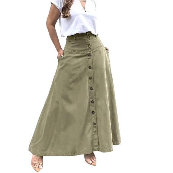 Ashirexll Long Skirts for Women Summer Solid Color Pocket Button Front Split High Waist Midi Skirt