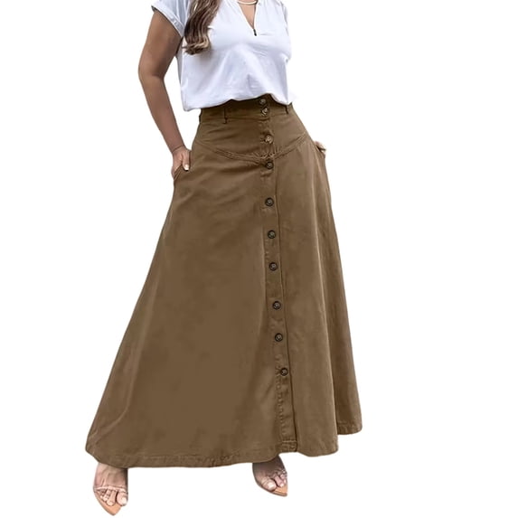 Ashirexll Long Skirts for Women Summer Solid Color Pocket Button Front Split High Waist Midi Skirt