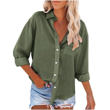 Ashirexll Long Sleeve Blouses for Women, Plus Size Solid Color Womens V-Neck Roll up Sleeve Button Down Blouses Tops with Pocket Army Green XXL