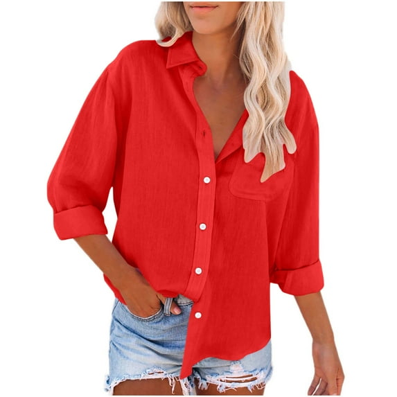 Ashirexll Long Sleeve Blouses for Women, Plus Size Solid Color Womens V-Neck Roll up Sleeve Button Down Blouses Tops with Pocket Red L