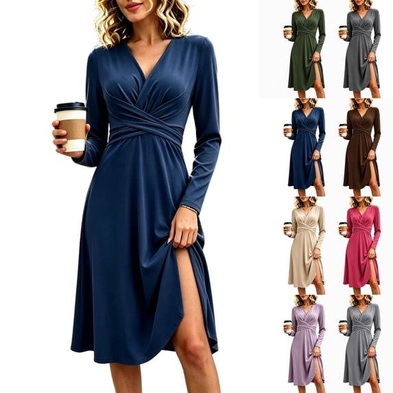 Ashirexll Long Sleeve Dress for Women A-Line Wrap Style Long Sleeve V-Neck Solid Color Dress with Cross Over Waist