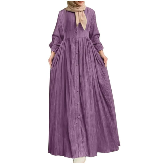 Ashirexll Long Sleeve Maxi Dress, Solid Color Plus Size Casual Flowy Maxi Dress with Button Purple 4XL