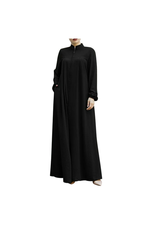 Long Sleeve Maxi Dress, Solid Color Plus Size Fashionable Stand Up Collar Zipper Insert Pocket Temperament Loose Casual Dress Black 5XL