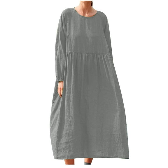 Ashirexll Long Sleeve Maxi Dress, Spring and Summer Round Neck Solid Color Cotton and Linen Long Flowy Dress Gray XXL