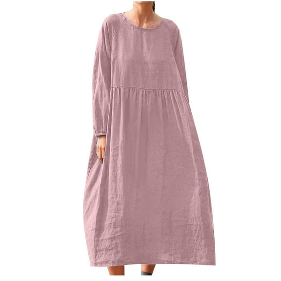 Ashirexll Long Sleeve Maxi Dress, Spring and Summer Round Neck Solid Color Cotton and Linen Long Flowy Dress Pink M