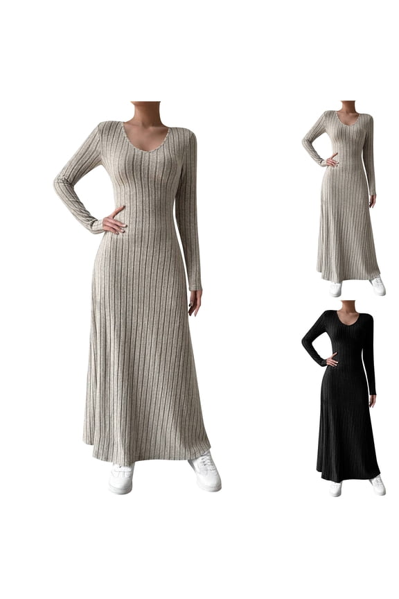 Long Sleeve Maxi Dress, Winter Dress for Women, Womens Fall Winter Slim Fashion Knitted Solid Color Long Sleeve A-Line Street Dress Elegant Casual