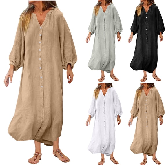 Ashirexll Long Sleeve Maxi Dress, Womens Fall Dresses, Fall Casual Dresses for Women Solid Color Long Sleeve V-Neck Button Dress