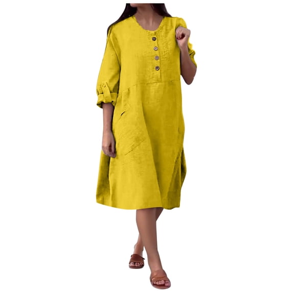 Ashirexll Long Sleeve Maxi Dress, Womens Fall Dresses, Ladies' Loose Casual Solid Color Linen Button Long Sleeve Dresses with Pockets