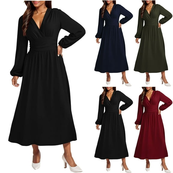 Ashirexll Long Sleeve Maxi Dress, Womens Fall Dresses, Women's V-neck Solid Color Long Sleeve Dress Waist Cinching Long Dress